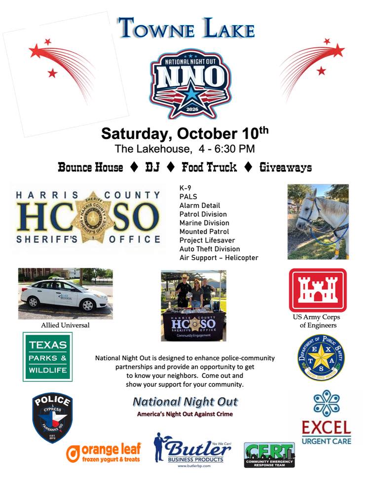 Towne Lake National Night Out Rescheduled to October 10 at the Lakehouse