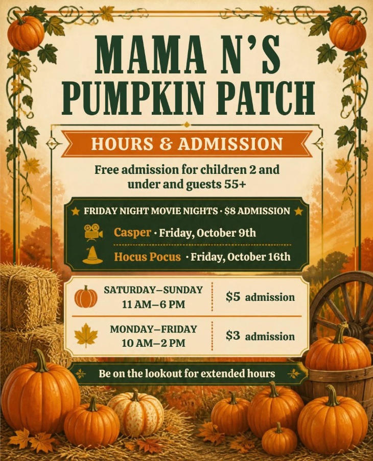Mama N’s Pumpkin Patch Near Katy Manor Lists Fall Hours and October Movie Nights
